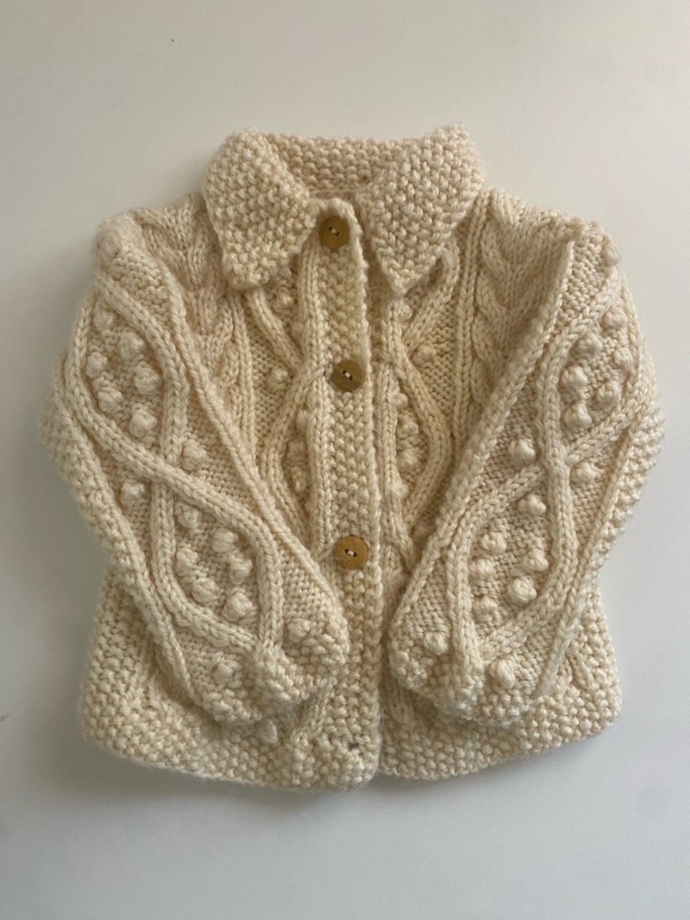 Wool cream Hand-Knit Cable Baby Jacket with Button Front
